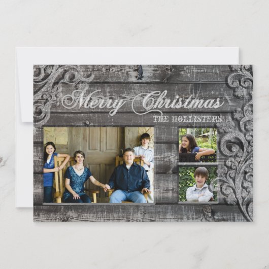  grijs hout Drie-fotofeestkaart Feestdagenkaart (Voorkant)