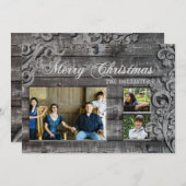  grijs hout Drie-fotofeestkaart Feestdagenkaart (Voorkant / Achterkant)