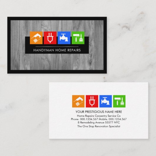 Grijs Hout Laag Handyman Gereedschap Visitekaartje (Voorkant / Achterkant)