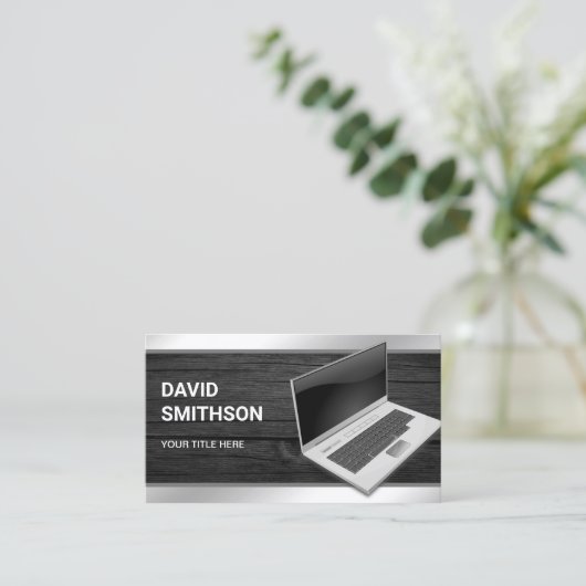 Grijs Hout Laptop PC Computer Reparatie Technicus Visitekaartje (Staand voorkant)