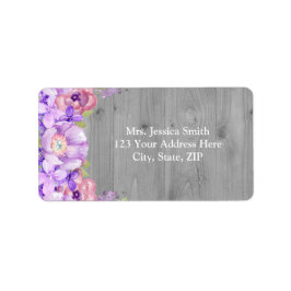 Grijs Hout Paarse Lila Bloemen Retouradreslabel Etiket