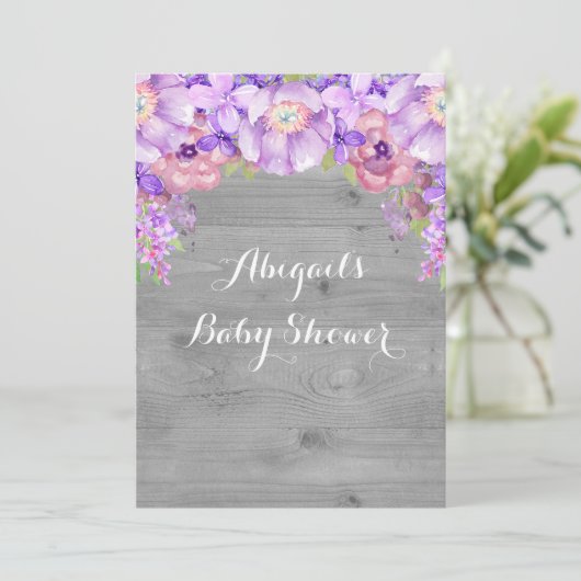 Grijs Hout Paarse Waterverf Bloemen Baby shower Kaart (Staand voorkant)
