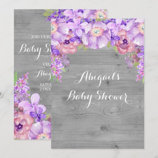 Grijs Hout Paarse Waterverf Bloemen Baby shower Kaart (Voorkant / Achterkant)