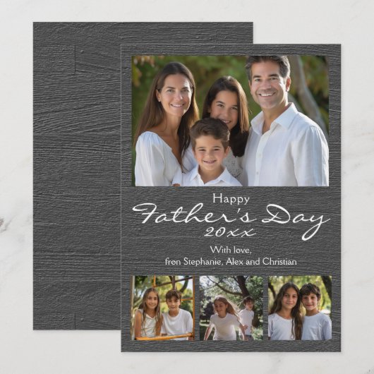 Grijs houtnerf modern vaderdag met 4 foto's kaart (Voorkant / Achterkant)