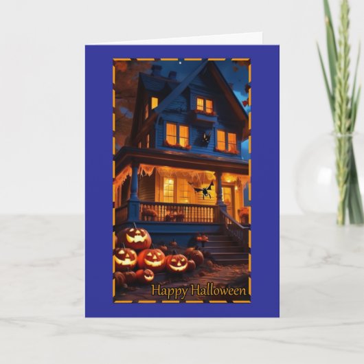 Grijs Huis met Pompoenen Halloween Kaart (Voorkant)