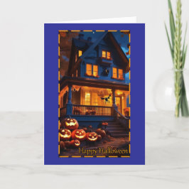 Grijs Huis met Pompoenen Halloween Kaart
