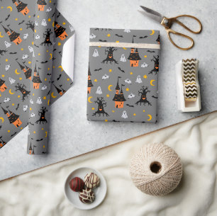 Grijs Huis met Spoken Halloween Cadeaupapier