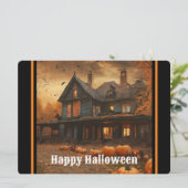 Grijs Huis Pompoen Halloween Collectie Feestdagenkaart (Staand voorkant)