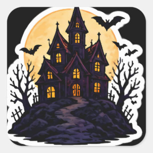 Grijs Huis Volle Maan Halloween Vinyl Sticker