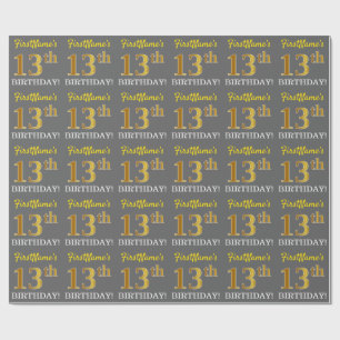 Grijs, Imitatie Goud look "13e VERJAARDAG" Cadeaupapier