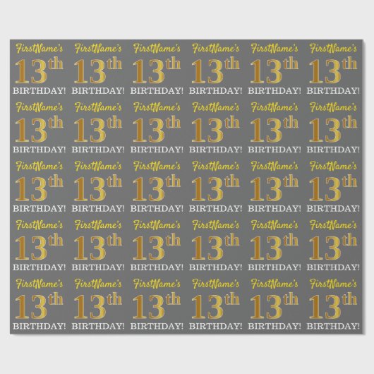 Grijs, Imitatie Goud look "13e VERJAARDAG" Cadeaupapier (Vlak)