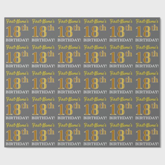Grijs, Imitatie Goud look "18th BIRTHDAY" Cadeaupapier (Vlak)