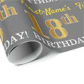 Grijs, Imitatie Goud look "18th BIRTHDAY" Cadeaupapier (Rol Hoek)