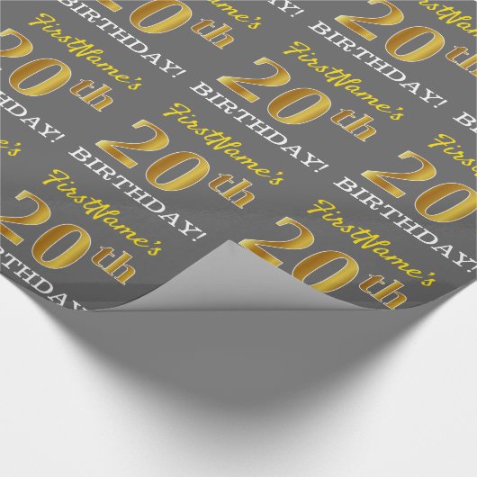 Grijs, Imitatie Goud look "20e VERJAARDAG" Cadeaupapier (Hoek)