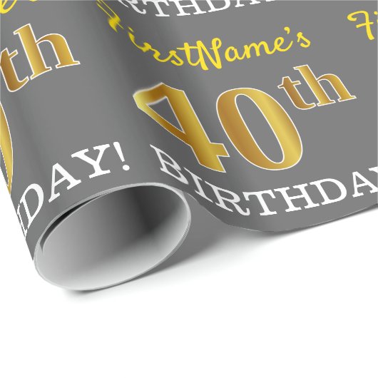Grijs, Imitatie Goud look "40e VERJAARDAG" Cadeaupapier (Rol Hoek)