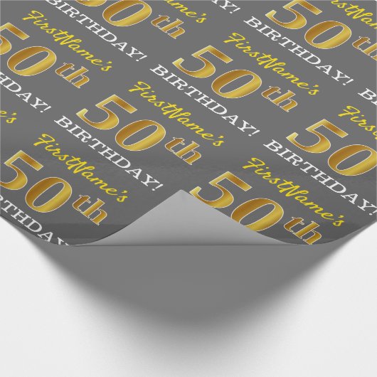 Grijs, Imitatie Goud look "50e VERJAARDAG" Cadeaupapier (Hoek)