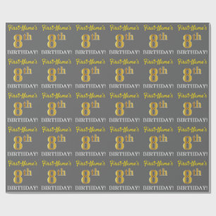 Grijs, Imitatie Goud look "8e VERJAARDAG" Cadeaupapier