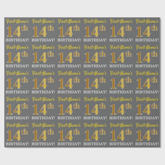 Grijs, Imitatie Gouden Look "14e VERJAARDAG" Cadeaupapier (Vlak)