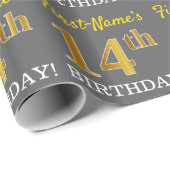 Grijs, Imitatie Gouden Look "14e VERJAARDAG" Cadeaupapier (Rol Hoek)