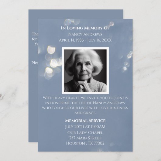 Grijs in liefdevolle herinnering Uitnodiging begra (Voorkant / Achterkant)