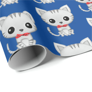 Grijs kat op blauw cadeaupapier
