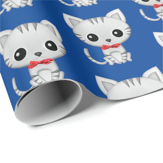 Grijs kat op blauw cadeaupapier (Rol Hoek)