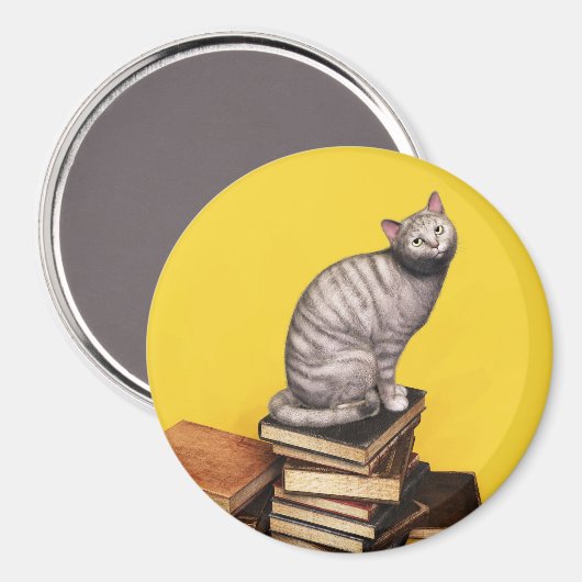 Grijs Kat op een stapel Magnet boeken (Voorkant / Achterkant)