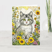 Grijs Kitty Kat Zittend in Bloemen Verjaardag Kaart (Voorkant)