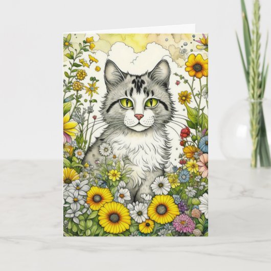 Grijs Kitty Kat Zittend in Bloemen Verjaardag Kaart (Voorkant)