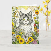 Grijs Kitty Kat Zittend in Bloemen Verjaardag Kaart (Gele Bloem)