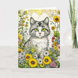 Grijs Kitty Kat Zittend in Bloemen Verjaardag Kaart