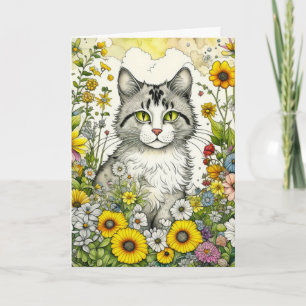 Grijs Kitty Kat Zittend in Bloemen Verjaardag Kaart