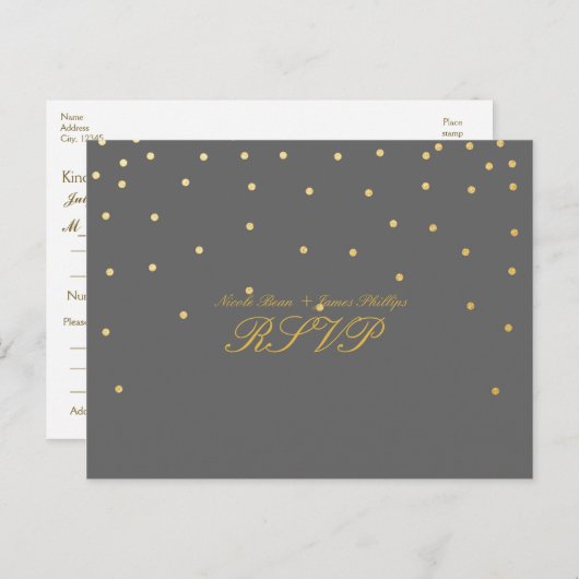 Grijs & Klein Goud Confetti RSVP Bruiloft Briefkaa Uitnodiging Briefkaart (Voorkant / Achterkant)
