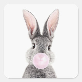 Grijs konijn blazen roze bubble gum vierkante sticker