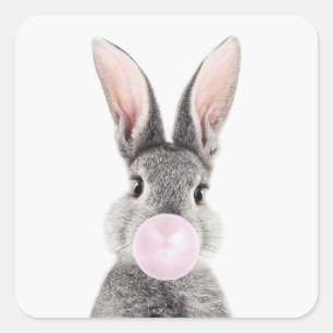 Grijs konijn blazen roze bubble gum vierkante sticker