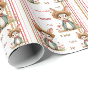 Grijs konijn met bloem en streep cadeaupapier