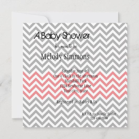 Grijs, koraal en wit Chevron Baby shower Kaart (Achterkant)