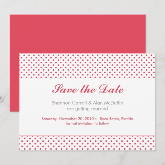grijs & koraal polka stip save the date (Voorkant / Achterkant)