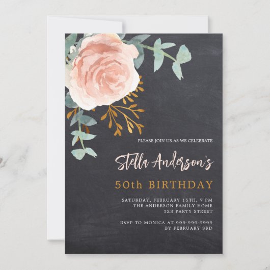 Grijs krijtbord rose goud bloemengroen verjaardag kaart (Voorkant)