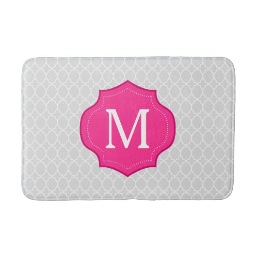 Grijs Latwerkpatroon met Felroze Monogram Badmat (Voorkant)