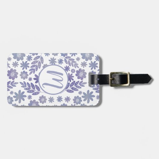 Grijs & Lavendel Bloemen Patroon & Monogram Bagagelabel (Voorkant horizontaal)