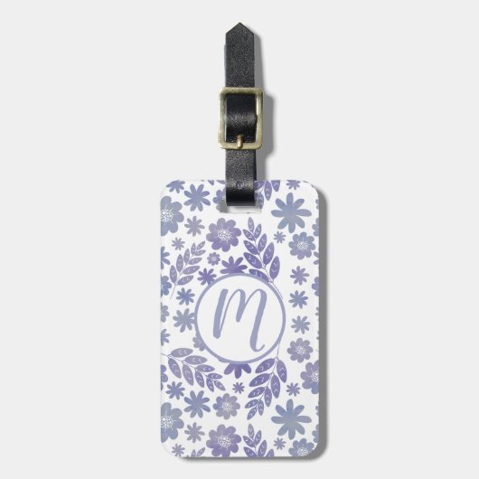 Grijs & Lavendel Bloemen Patroon & Monogram Bagagelabel (Voorkant verticaal)