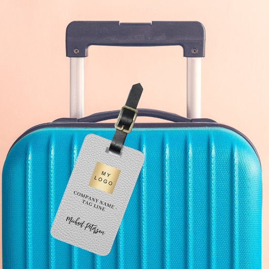 Grijs lederen goud bedrijf logo naam bagagelabel