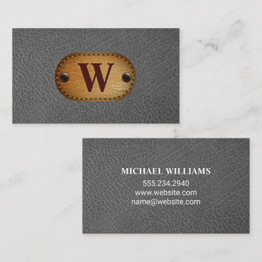 Grijs leer | Monogram bruin gestikt Visitekaartje (Voorkant / Achterkant)