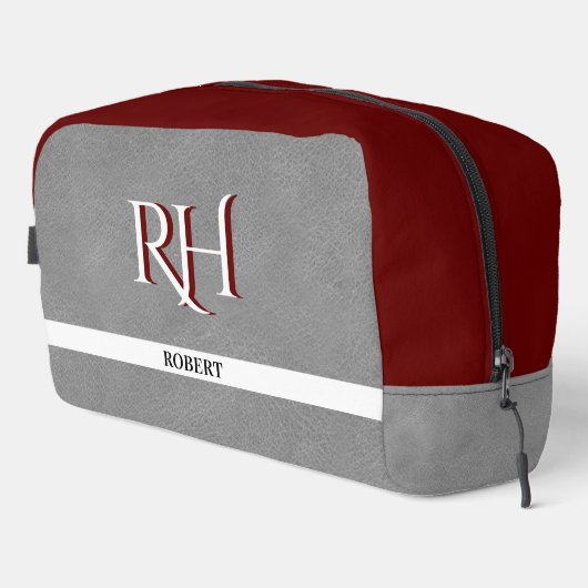 Grijs Leren Textuur Trim Aangepaste Monogram Naam Toilettasje (Rechterhoek)