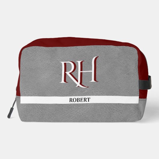 Grijs Leren Textuur Trim Aangepaste Monogram Naam Toilettasje (Achterkant)
