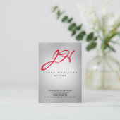 Grijs licht verticaal modern gewoon rood monogram visitekaartje (Staand voorkant)