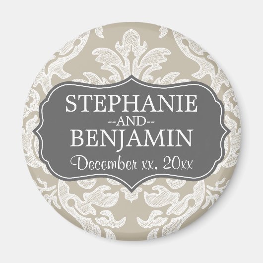 Grijs & Linnen Beige Damast Patroon Bruiloft Favor Magneet (Voorkant)