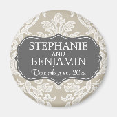 Grijs & linnen beige damast patroon huwelijksgunst magneet (Voorkant)