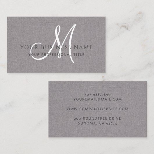 Grijs linnen grijs eenvoudig minimaal monogram visitekaartje (Voorkant / Achterkant)